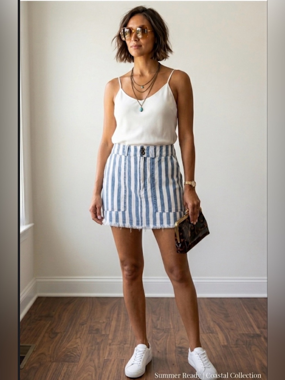 Jack by : BB Dakota Blue and White Lenin like textured raw hem Striped Skirt Sz4